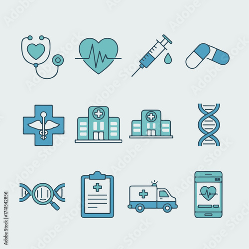 Healthcare and medical icon vector set featuring stethoscope heart monitor DNA helix ambulance and digital health