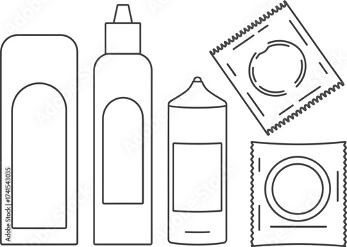 Hand drawn illustration of condoms and personal lubricant bottles