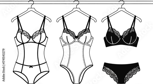 Fashionable lingerie collection displayed on hangers with lace details