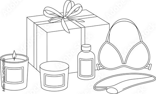 Line art illustration of a gift box with spa and beauty products