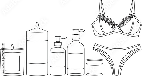 Line art illustration of lingerie and bathroom toiletries
