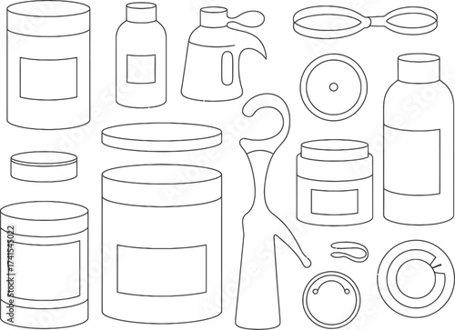 Collection of various bottles and containers in a hand drawn sketch style