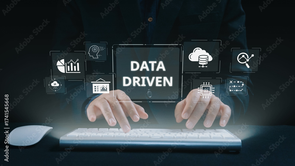 Fototapeta premium Data-driven decision-making empowers business through analytics, datum collection, and AI systems. Data driven tools support cloud data processing and data visualization across datum platforms. Elide