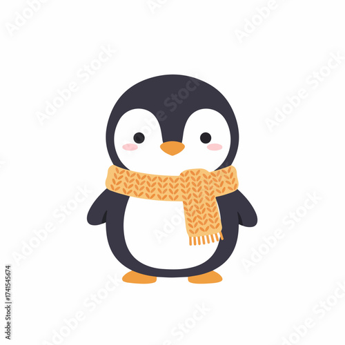Cute Flat Style Penguin with Scarf Winter Holiday Animal Illustration