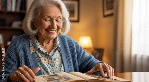Elderly woman smiles while looking through a photo album at a table indoors at home