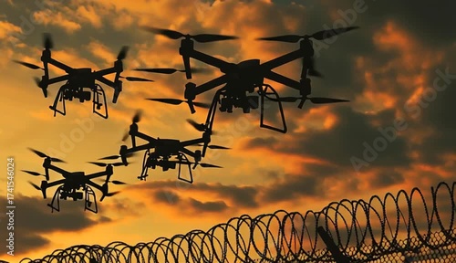 Three military surveillance drones flying above multiple rows of barbed wire fence, drone silhouettes against dramatic sky, security and border control concept