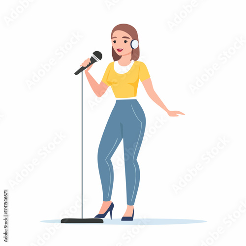 Woman singing into microphone with transparent background