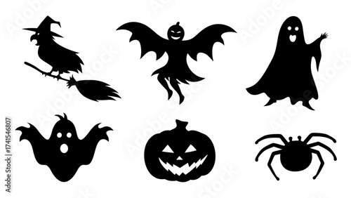 Set of Halloween silhouette collection elements on tranparent background