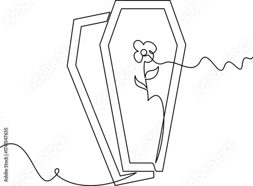 one line art coffin vector illustration. line art, one continuous line, simple, hand drawn and sketch style. for icons, symbols, signs or logos. PNG