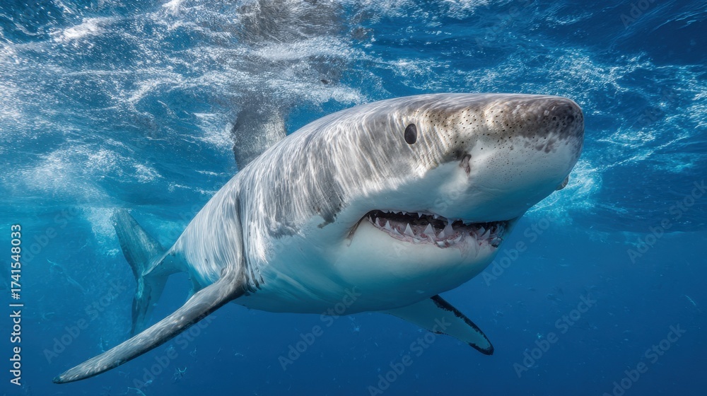 Fototapeta premium A shark is swimming in the ocean with its mouth open. The shark is large and has a menacing look on its face. The water is clear and blue, and the shark is surrounded by other fish