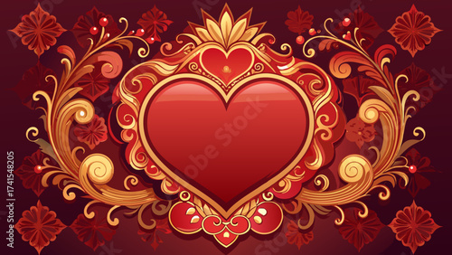 Romantic Valentine vector design, elegant poster template with ornate border, red background, decorative heart ornaments, luxury Victorian frame, central space blank, perfect for greetings, seasonal 