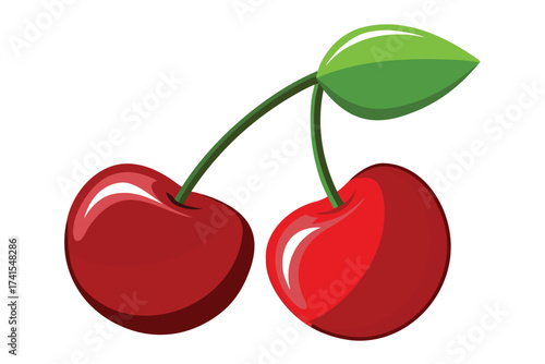 Two cherries with a green leaf on top