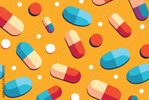 A pattern of pills is shown on an orange background