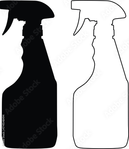Two spray bottles one black silhouette and one outline isolated on white background