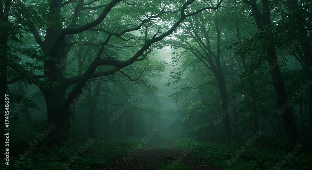 Fototapeta premium A serene and mysterious path through a dense forest, shrouded in mist and lush greenery, inviting exploration and a sense of tranquility and natural beauty