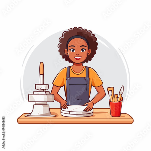 Woman potter working on pottery wheel