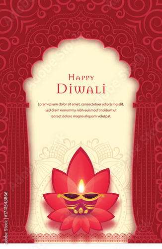 Elegant, ornate Happy Diwali vector greeting card template Red lotus diya lamp, central Mandala, & traditional Indian arch frame with scrollwork. Perfect for Festival of Lights celebration