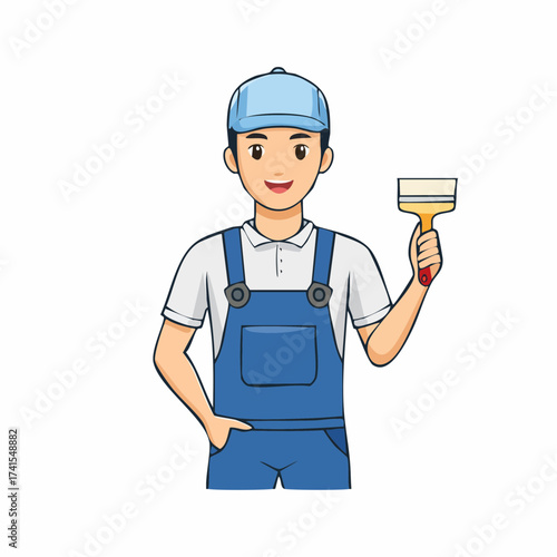 Painter with paintbrush, smiling worker with transparent background