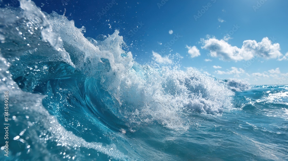 Obraz premium The ocean is blue and the waves are crashing. The sky is clear and the sun is shining