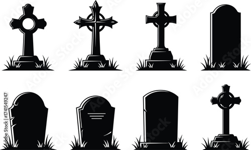 Gravestone vector set, cemetery tombstone icons, Halloween grave clipart, spooky memorial illustration, gothic headstone design, RIP symbols, funeral elements, death theme