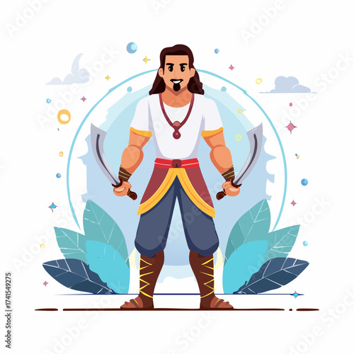 Warrior with swords standing in a mystical scene