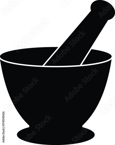 Black silhouette of a mortar and pestle for grinding ingredients isolated on white background