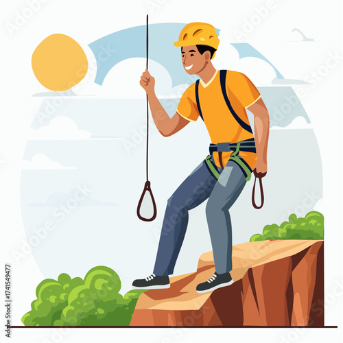 Man ziplining over mountain landscape