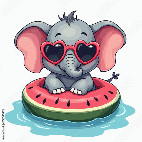 Vector fashion design for children t-shirt. 
Blue baby elephant in sunglasses 
with inflatable ring swims on wave
isolated on white background. 
Cartoon print for fabric, clothing 
for boy and girl.
