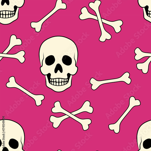 Skull pirate crossbones glamorous seamless pattern. Halloween Pink background in flat style. Vector isolated repeat drawing. Wallpaper bone cartoon illustration design. Pattern with spooky elements.