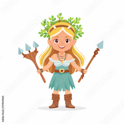 Blonde warrior girl with spears and leafy crown
