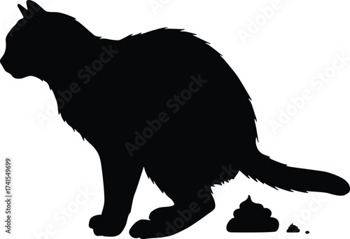 Black cat silhouette defecating on a white background isolated on white background