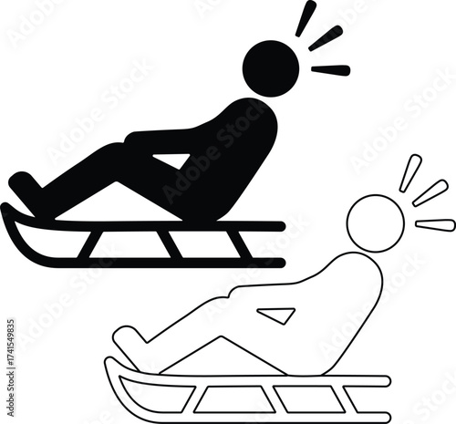 Silhouette of a person on a sled with motion lines isolated on white background