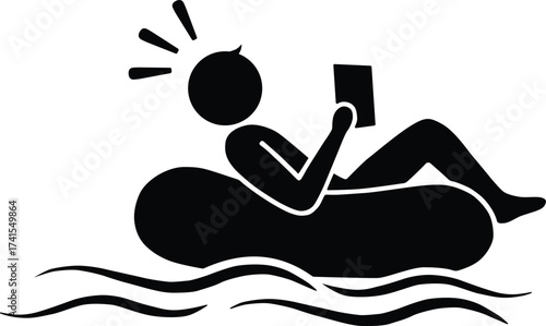 Person relaxing on an inflatable tube reading a book silhouette isolated on white background