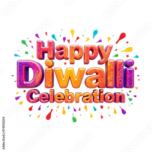 Happy diwali celebration text with colorful exploding elements isolated on transparent background
