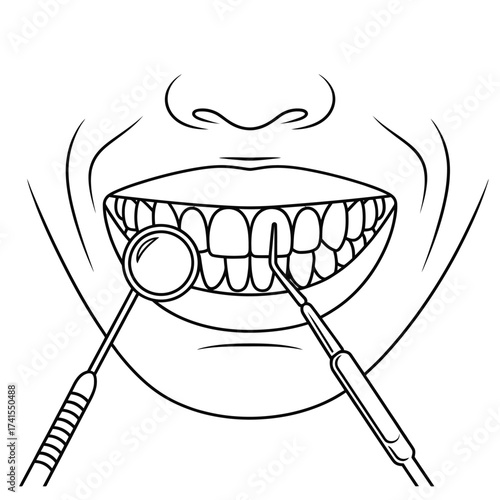 Close up illustration of dental examination with mirror and probe