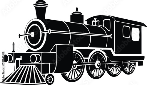 Classic black and white steam locomotive illustration with vintage industrial charm
