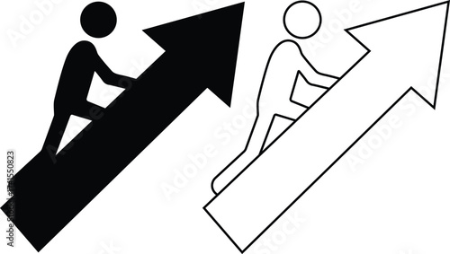 Two stylized figures climbing an upward trending arrow silhouette isolated on white background
