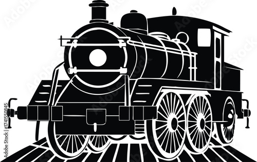 Classic steam locomotive silhouette on railroad tracks