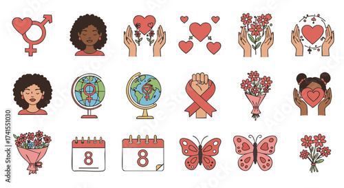 Vector icons set International Women’s Day celebration isolated