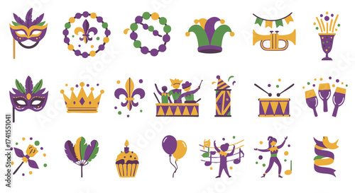 Vector icons set Mardi Gras parade carnival culture celebration