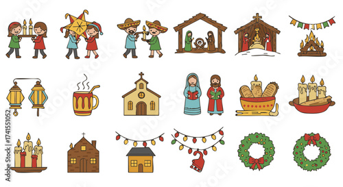 Vector icons set Las Posadas Mexican Christmas celebration isolated