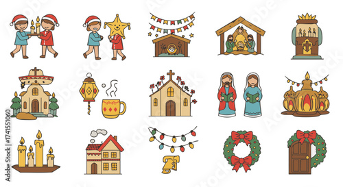 Vector icons set Las Posadas Mexican Christmas celebration isolated