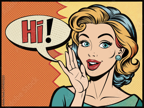 woman talking lettering Hi whispering gossip secret retro pop art comic cartoon vintage