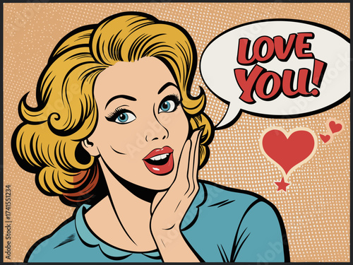 woman talking lettering Love You whispering gossip secret retro pop art comic cartoon vintage