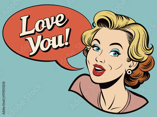 woman talking lettering Love You whispering gossip secret retro pop art comic cartoon vintage