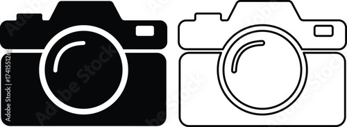 Two camera icons one black silhouette and one outline isolated on white background