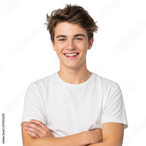 Young man with arms crossed smiling isolated on transparent background