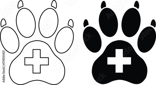 Two paw print silhouettes with a medical cross inside isolated on white background