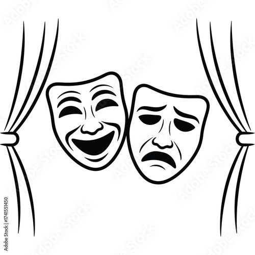 Comedy and tragedy theater masks behind stage curtains