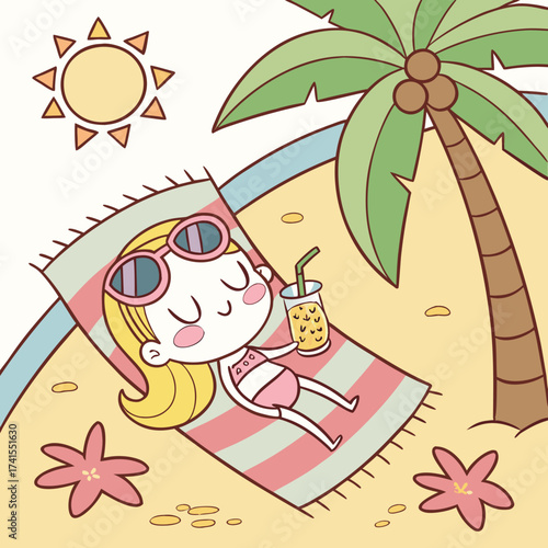 Happy Girl Relaxing on the Beach